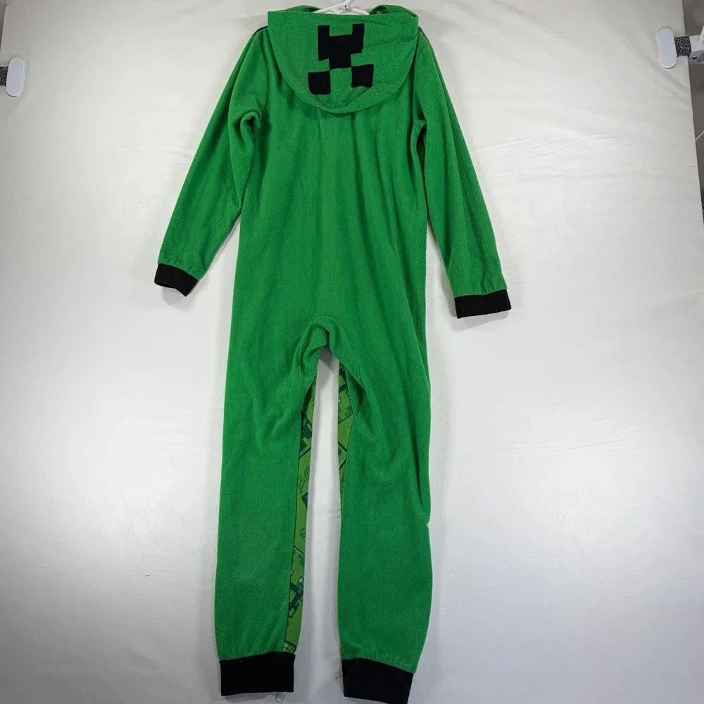 Minecraft Creeper Kids Hooded Fleece Union Suit Green Pajamas Size 10